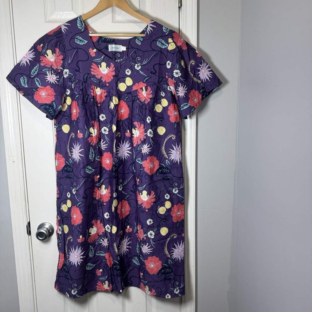 NWT National M Cotton Floral Dress Gown Purple Pockets Bright Vibrant PJ Pajamas